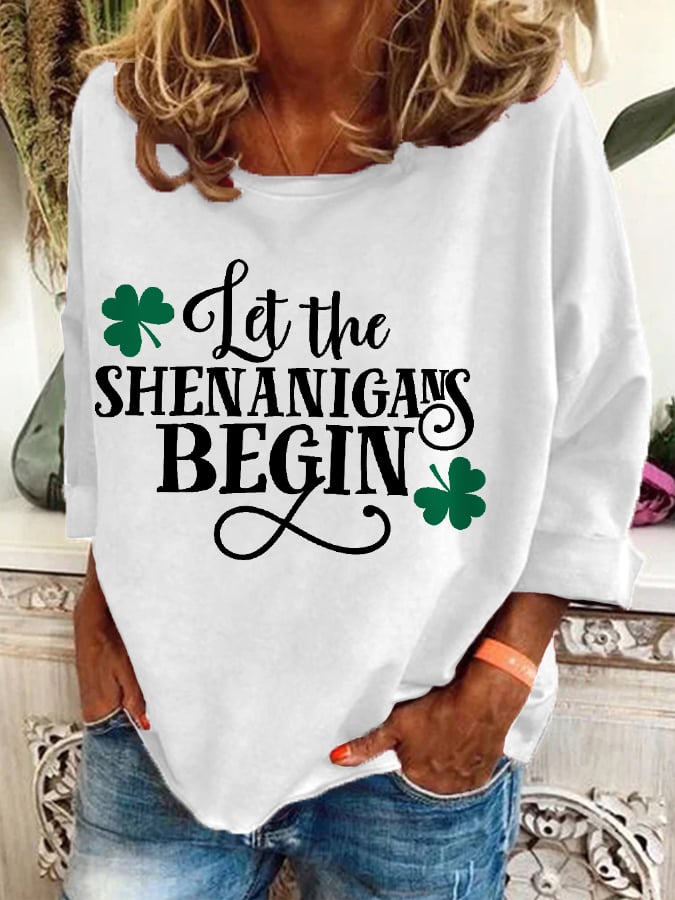 Women's Funny St. Patrick's Day Let The Shenanigans Begin Shamrock Print Casual Top