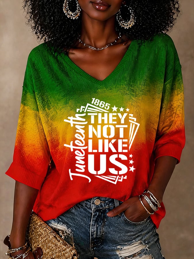 Women's Black Juneteenth Print Waffle Fabric Long-sleeved T-shirt