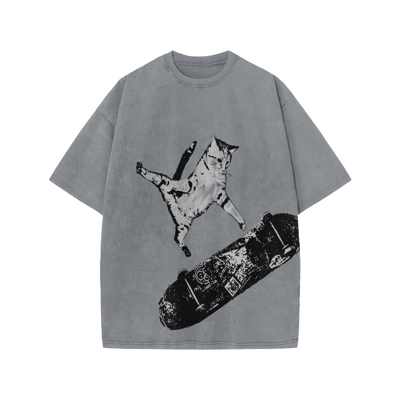 Unisex Street Skate Cat Print Acid Washed T-shirt