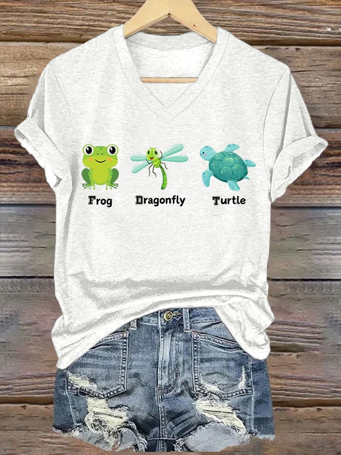 Women's Frog Dragonfly Turtle Printed T-Shirt