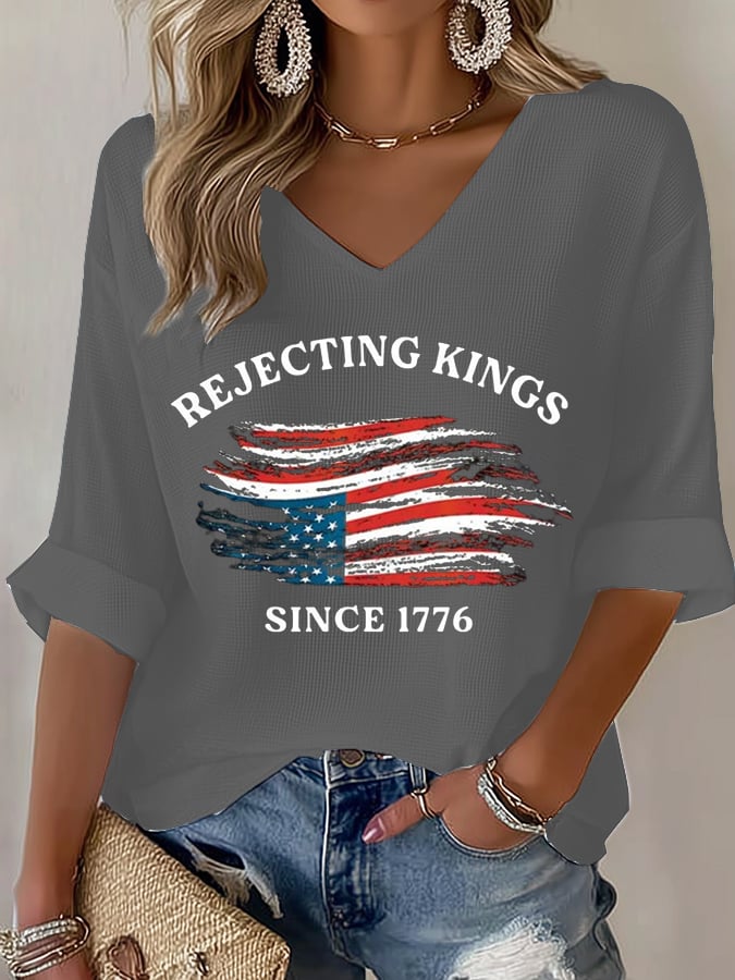Women's No Kings In America Printed Casual Waffle T-Shirt