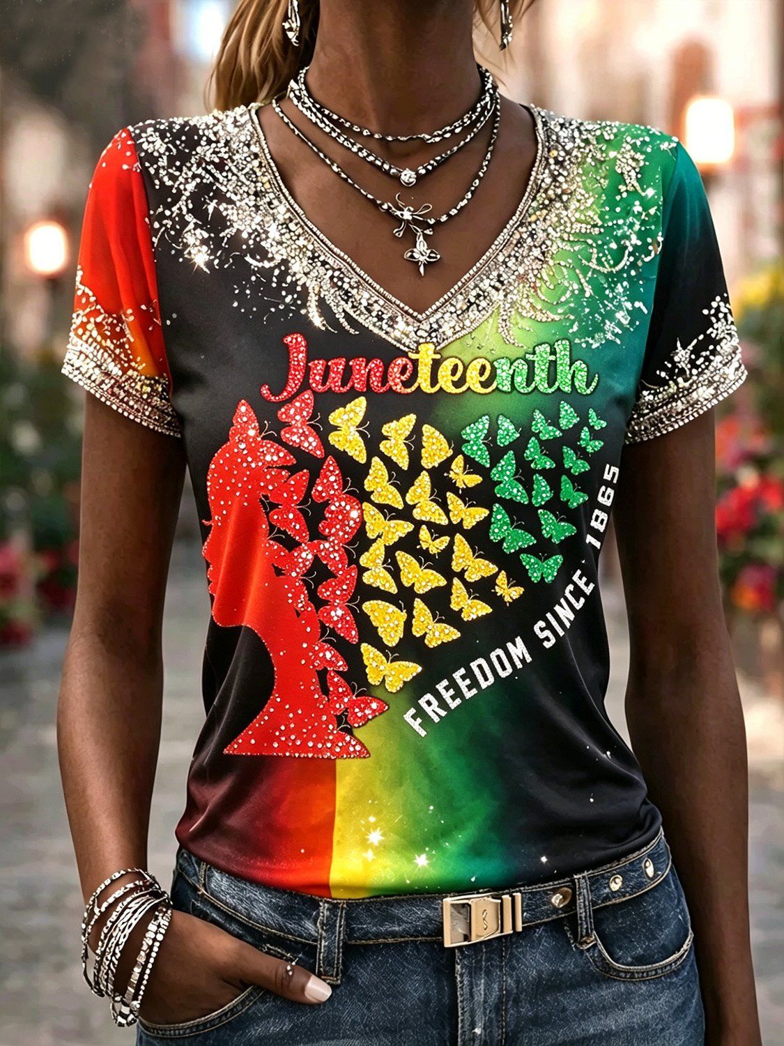 African American Women's Juneteenth Print V-Neck Top