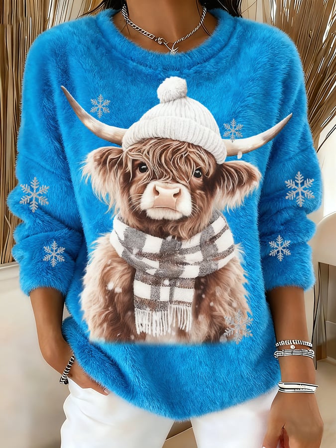 Women's Animal Highland Cow Art Print Round Neck Top