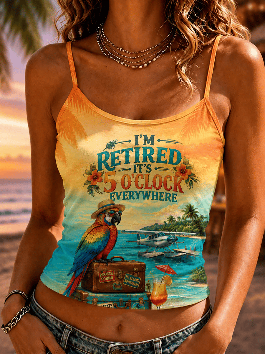 Women's Retro Vacation Music Parrot Print Casual Spaghetti Strap Top