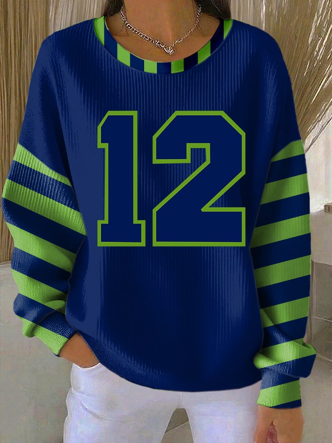 Women's Football Print Knit Crew Neck Long Sleeve Top