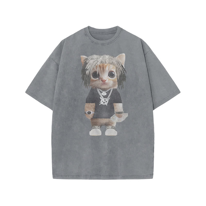 Unisex Street Style Cat Print Acid Washed T-shirt