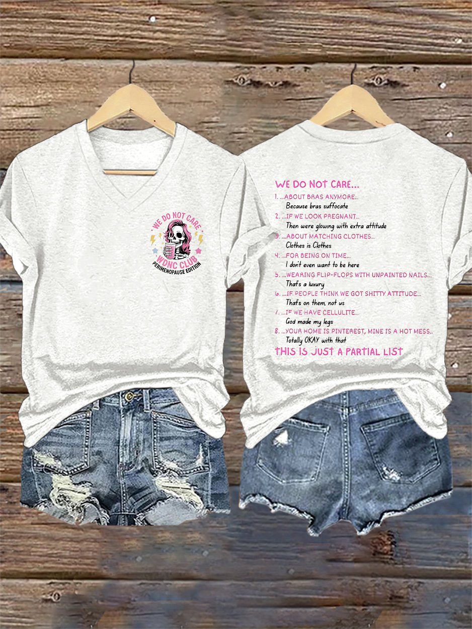 V-Neck Retro We Do Not Care WDNC Club Perimenopause Edition Print T-Shirt