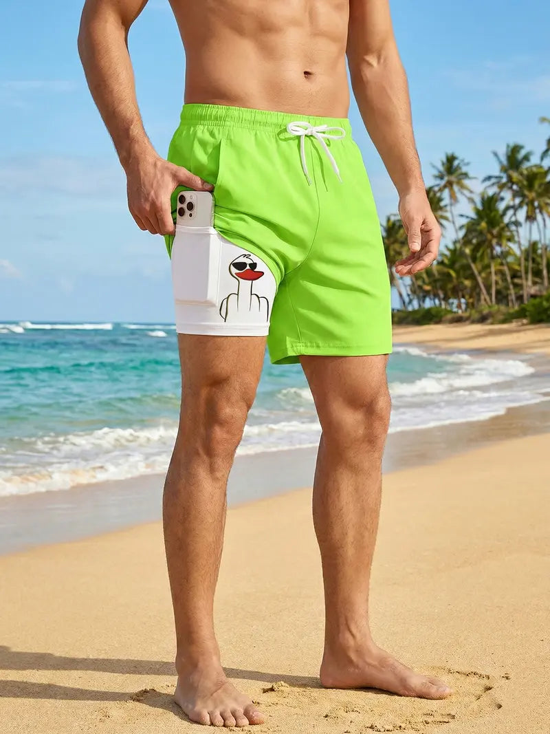 Unisex Prank Duck Print 2-in-1 Beach Shorts