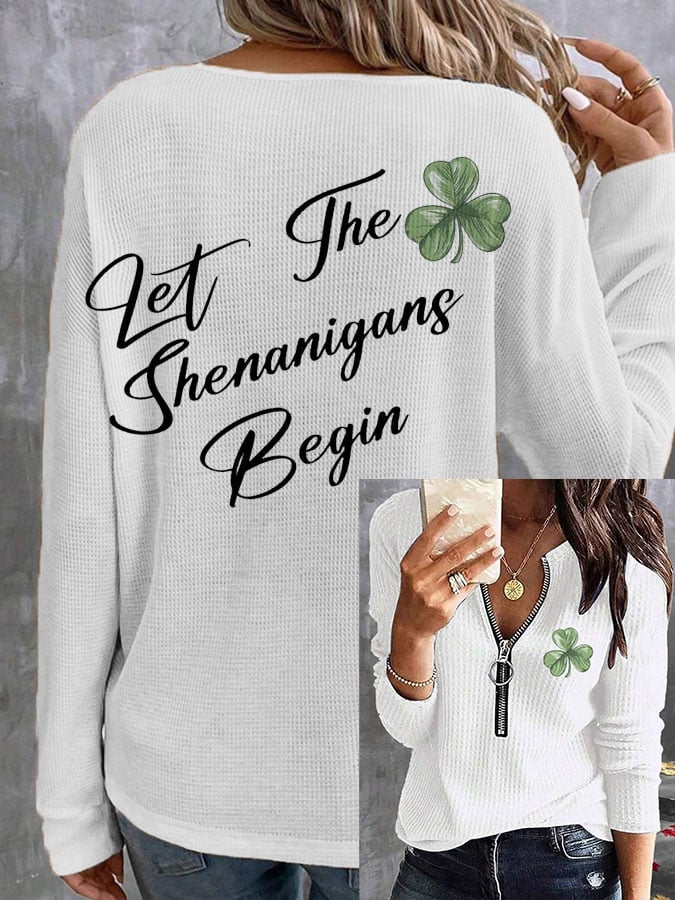 Women's St. Patrick's Day Let The Shenanigans Begin Shamrocks Print Casual Zipper Long-Sleeve Top