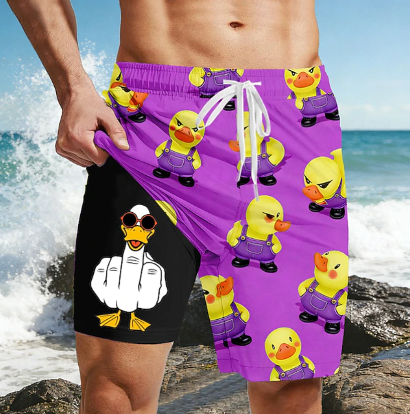 Funny Duck Middle Finger Lined Shorts 2 in 1 Board Shorts Swim Shorts