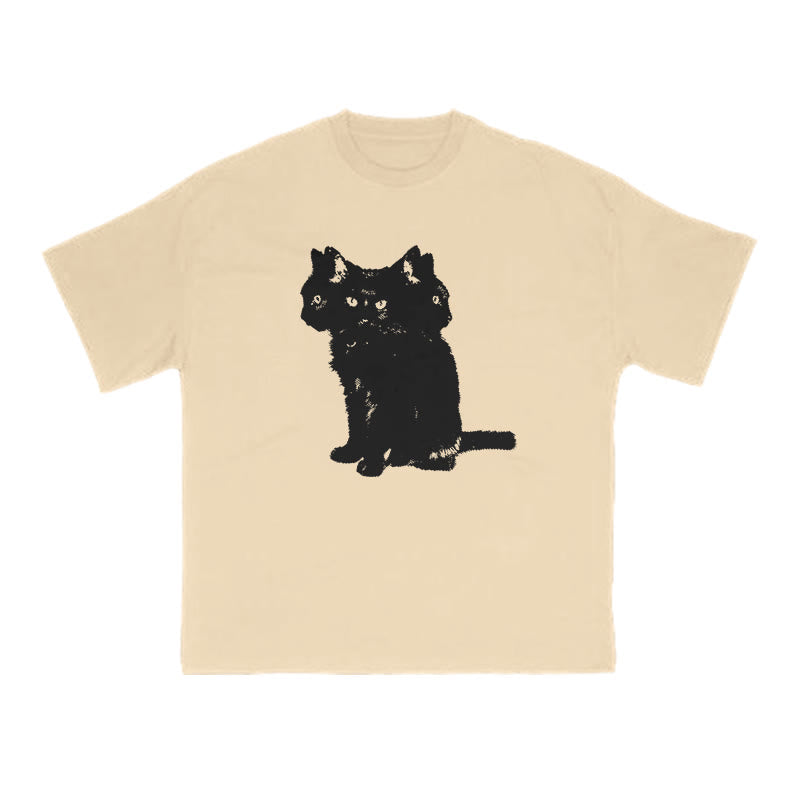 Three-headed Black Cat Print T-shirt