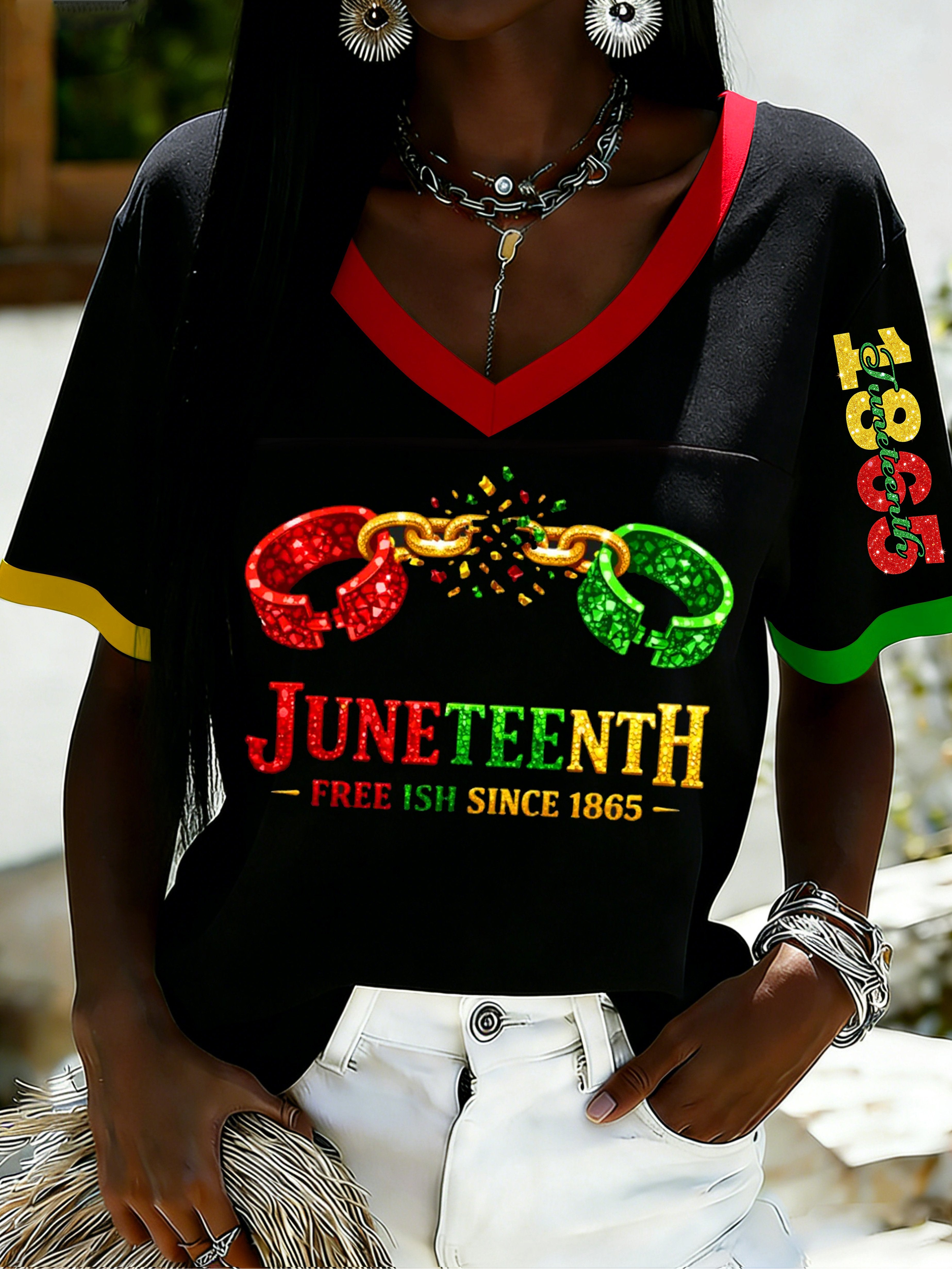 African American Women's Juneteenth Print V-Neck Top