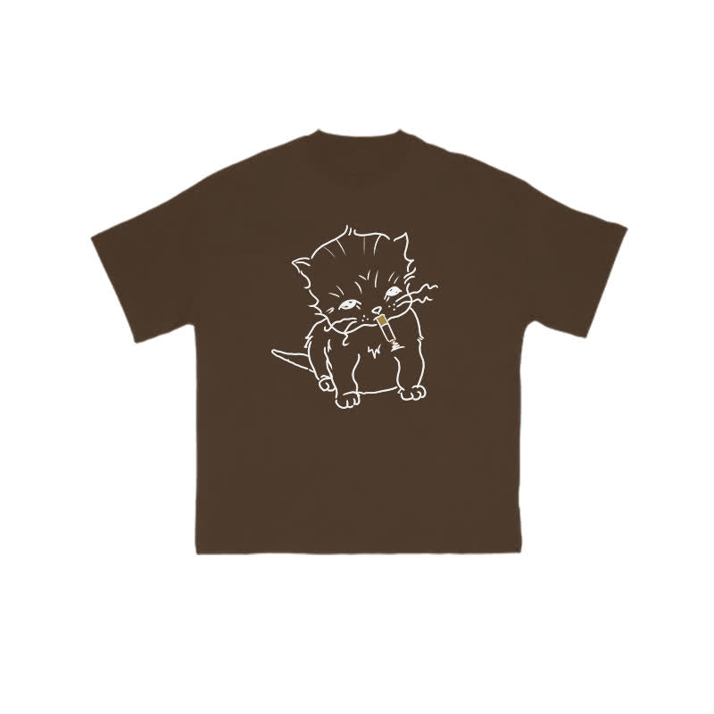 Unisex Smoking Cat Print T-shirt