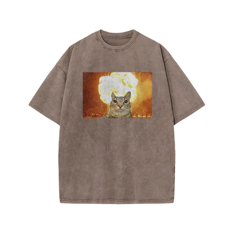 Unisex Funny Cat Print Acid Washed T-shirt