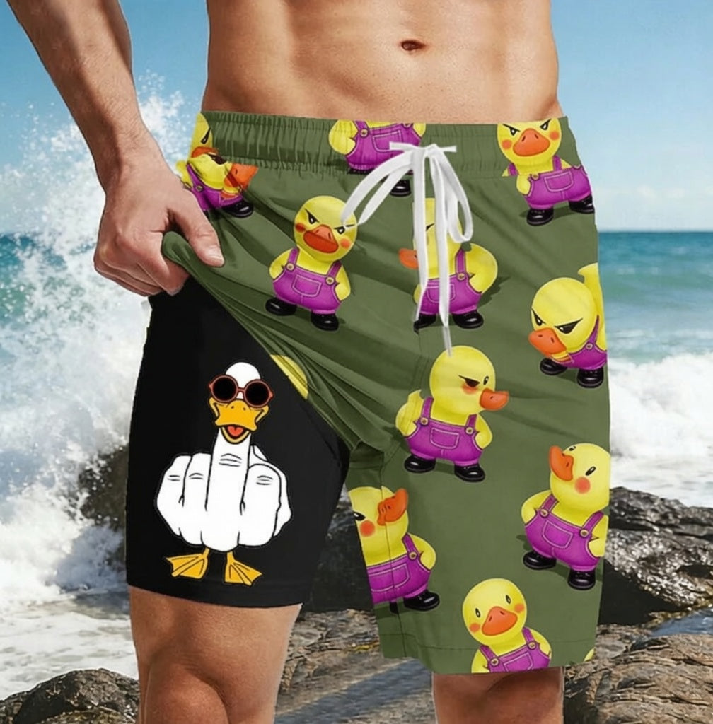 Funny Duck Middle Finger Lined Shorts 2 in 1 Board Shorts Swim Shorts