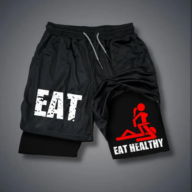 Unisex 2-in-1 Eat Healthy Adult Humor Beach Shorts