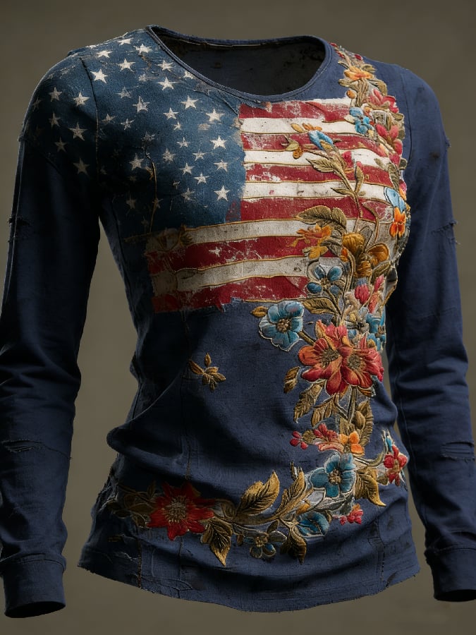 Women's casual long-sleeved T-shirt with 250th anniversary national flag and floral print.