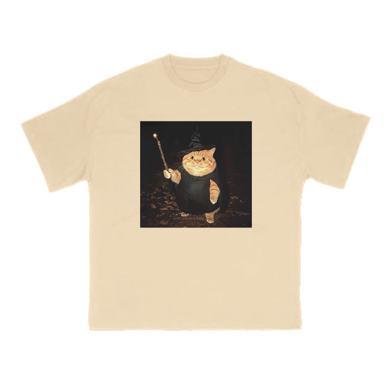 Unisex Spellcasting Wizard Cat Halloween Print T-shirt