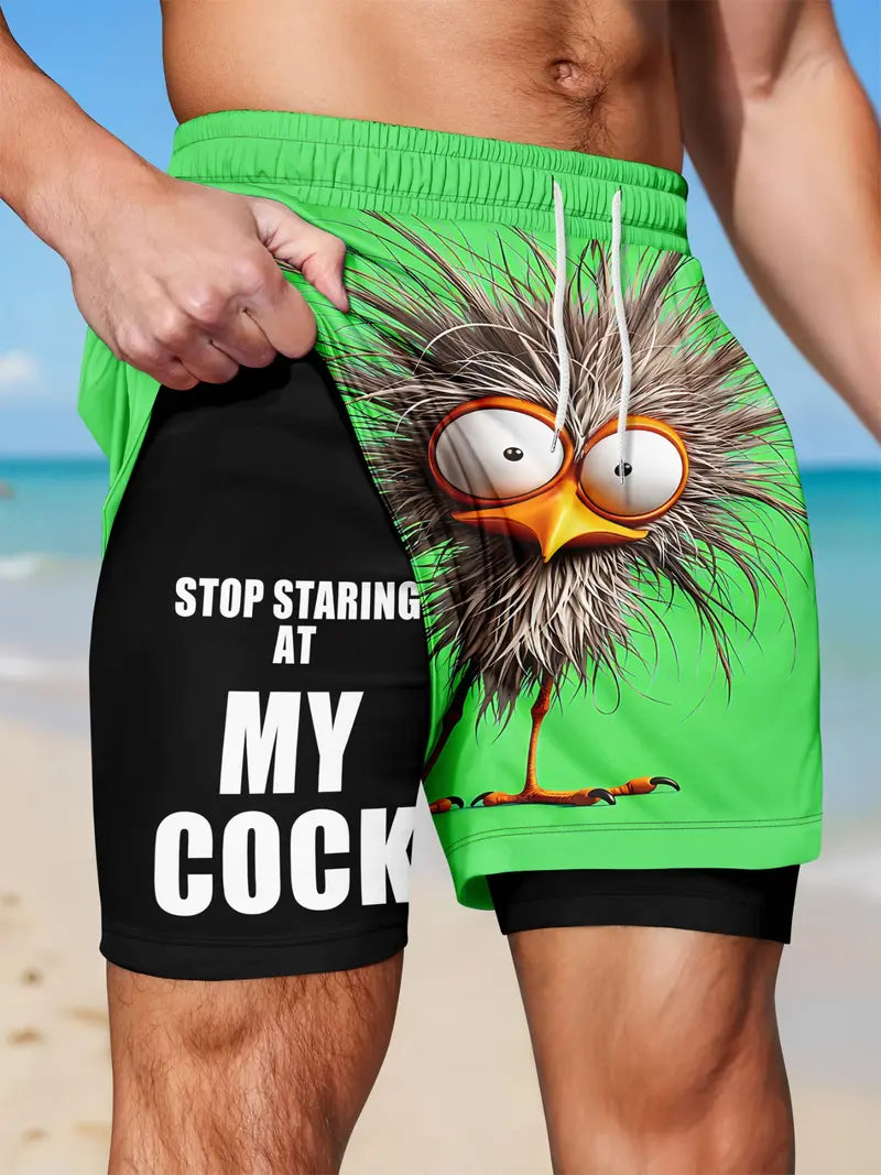 Unisex Funny Quirky Bird Print Anti-Chafe Liner 2-in-1 Straight Shorts