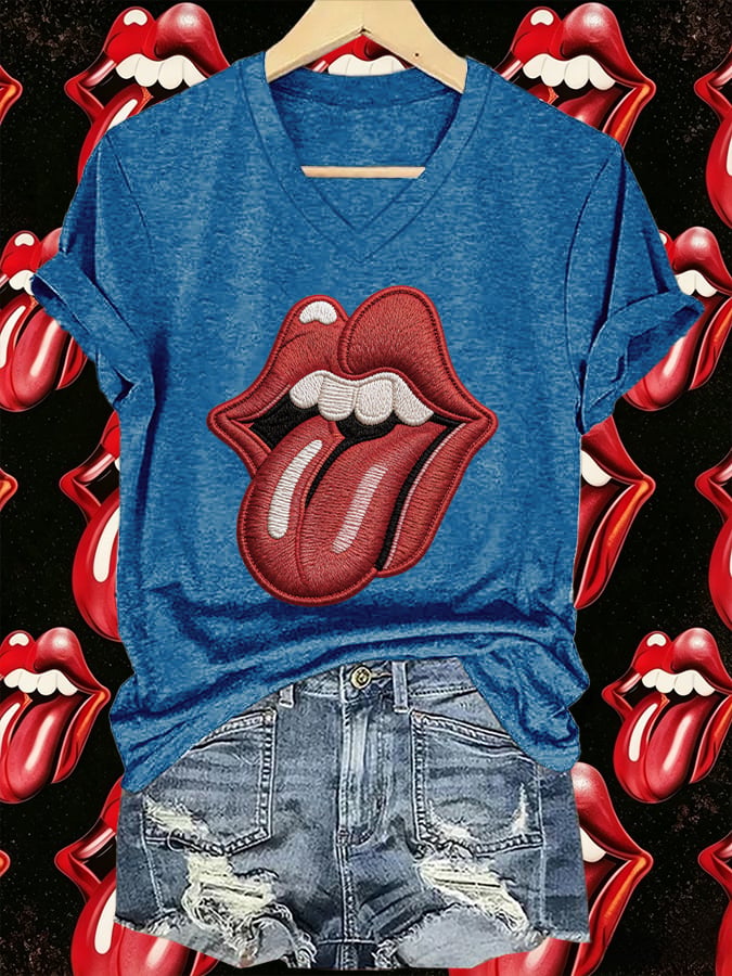 Women's V-Neck Retro Foreign Tongues Print T-shirt