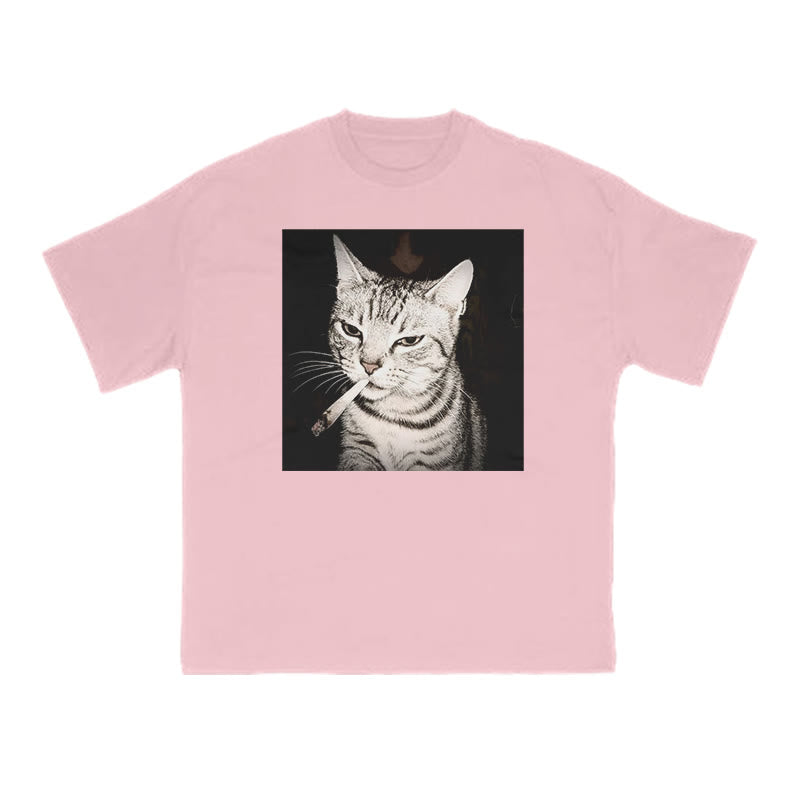 Unisex Smoking Tabby Cat Print T-shirt