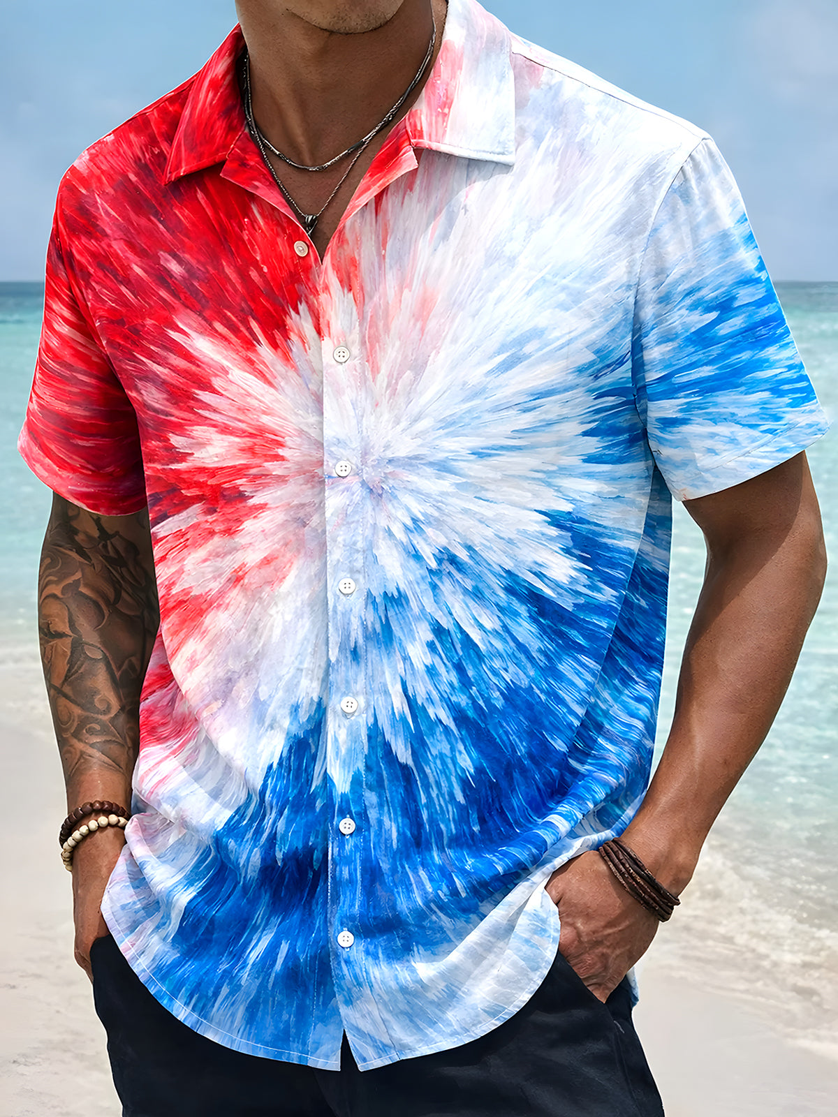 Independence Day Tie Dye Men's Pocket Short Sleeve Shirts