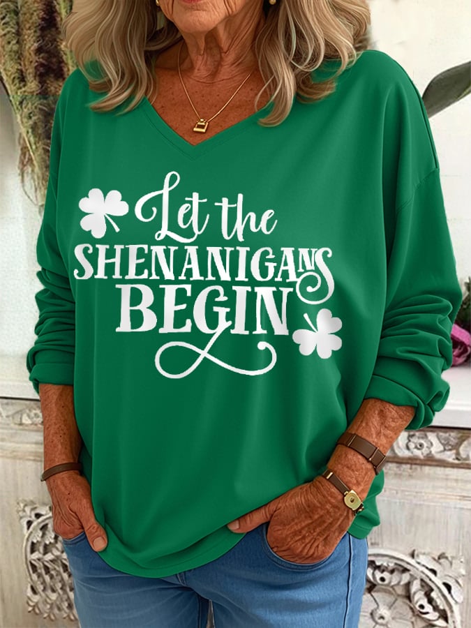 Women's Funny St. Patrick's Day Let The Shenanigans Begin Shamrock Print Casual V-Neck Top