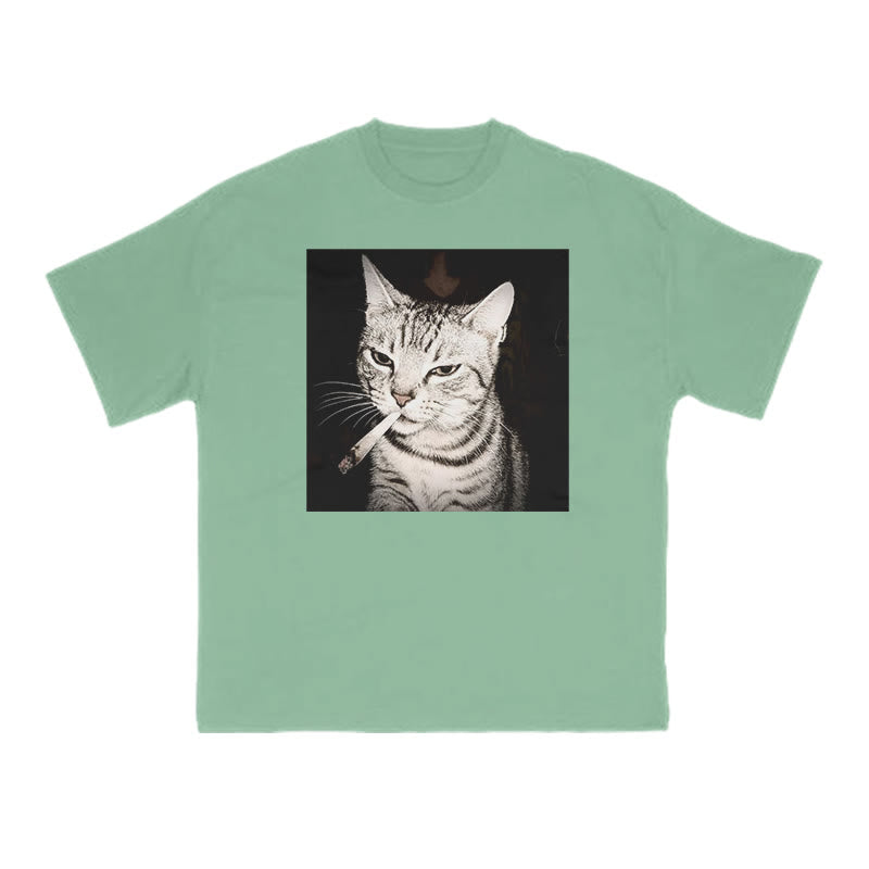 Unisex Smoking Tabby Cat Print T-shirt