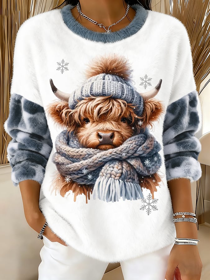 Women's Animal Highland Cow Art Print Round Neck Top