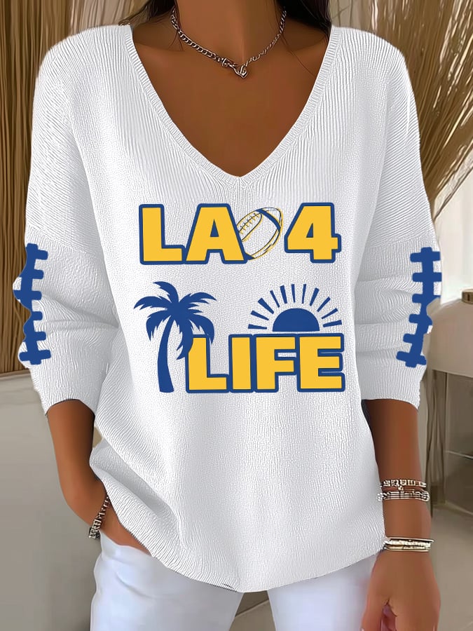 Women's Football Print V-Neck Casual Knitted Sweater