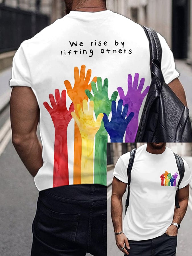 Men's We Rise By Lifting Others Heart Rainbow Print Short Sleeve T-Shirt
