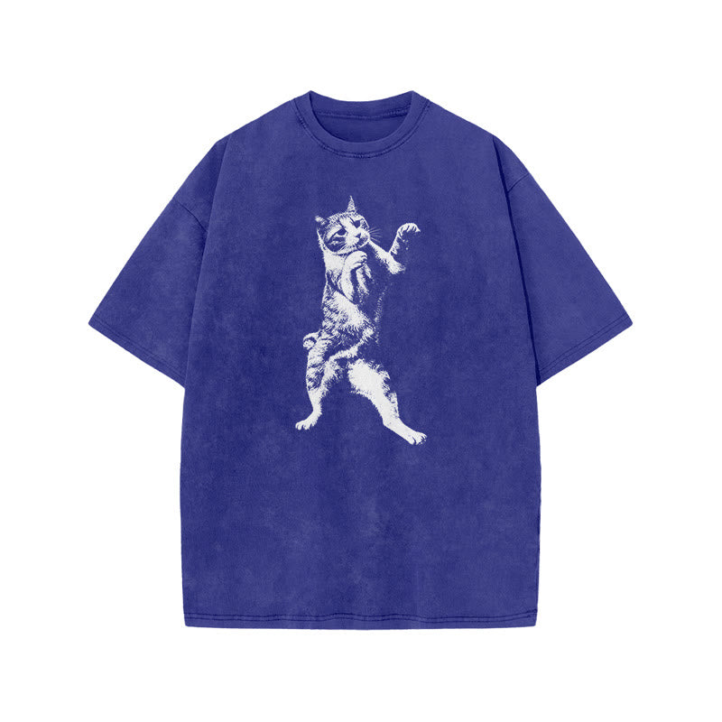Funny Fighting Cat Print Acid Washed T-shirt