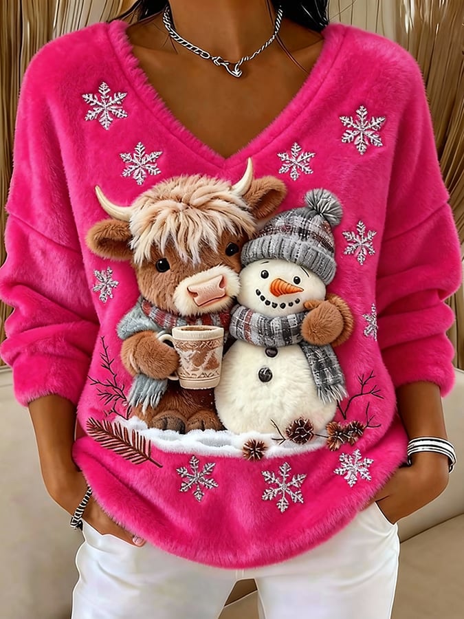 Women's Animal Highland Cow Yeti Art Print V-Neck Top