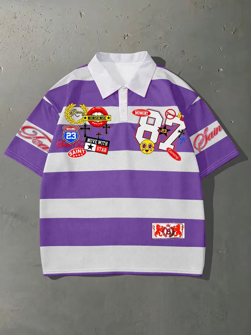 Unisex Oversized Relaxed Fit Pink and White Striped Polo Shirt