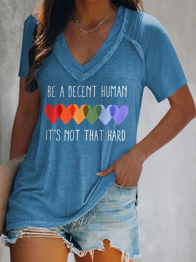 V-Neck Retro Be A Decent Human It's Not That Hard Print T-Shirt