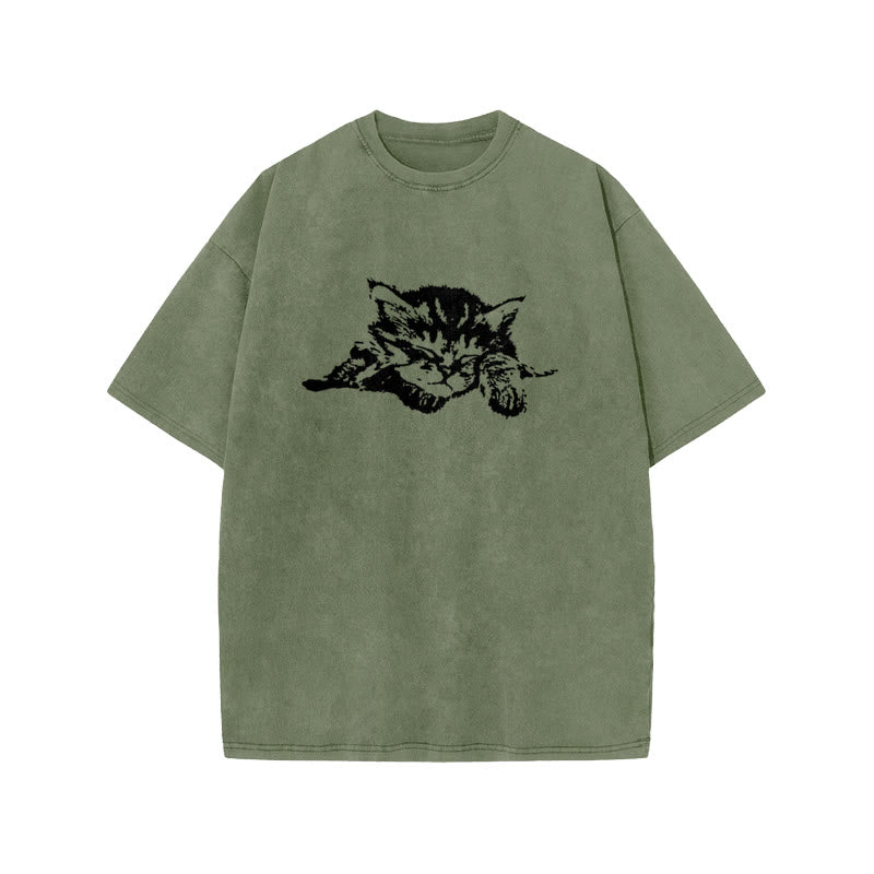 Unisex Quiet Sleeping Cat Print Acid Washed T-shirt