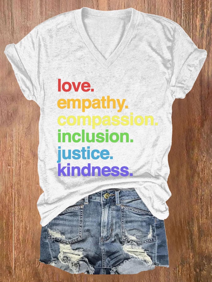 Women's Kindness Is Pride Print V Neck Casual T-shirt