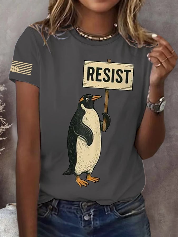 Retro Penguins Resist Tariffs Print T-Shirt