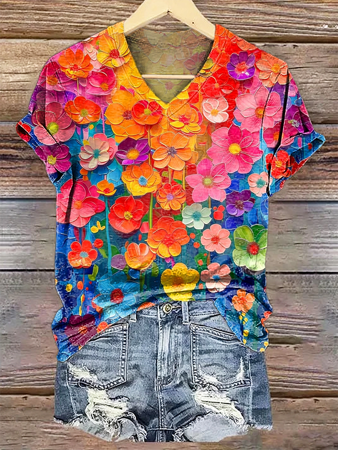 Women's Colorful Floral Art Print V-Neck Casual T-Shirt