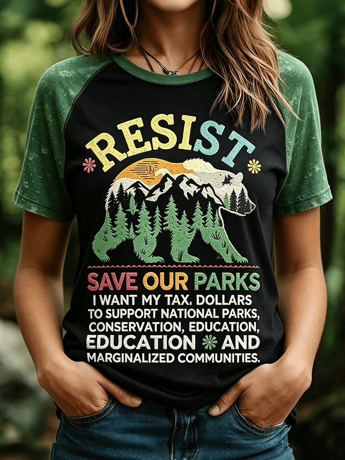 Women's Resist Bear Print Retro Raglan Short-Sleeve T-Shirt