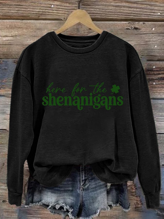 Women's Retro Irish St. Patrick's Day Here For The Shenanigans Print Crew Neck Long Sleeve Sweatshirt
