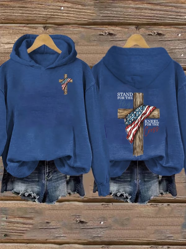 Women's Stand For The Flag Kneel For The Cross Printed Casual Hoodie