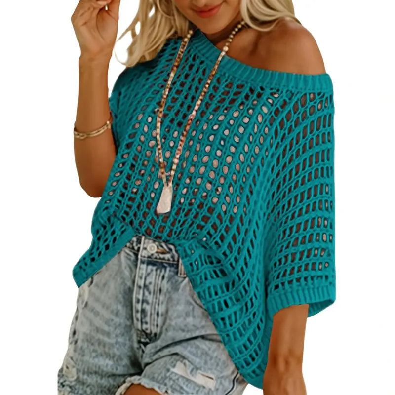 Womens Summer Scoop Neck Short Sleeve Sweater Casual Crochet Hollow Out Knit Tops