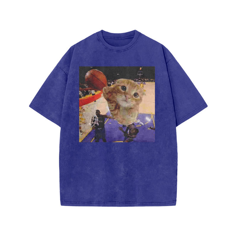Orange Cats Playing Basketball Print Acid Washed T-shirt