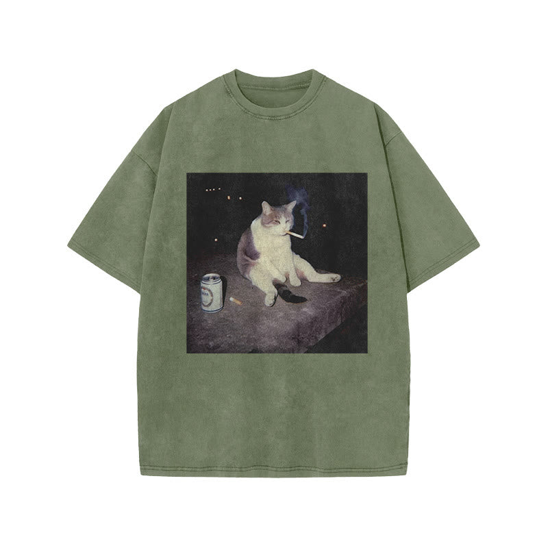 Unisex Smoking Decadent Cat Print Acid Washed T-shirt