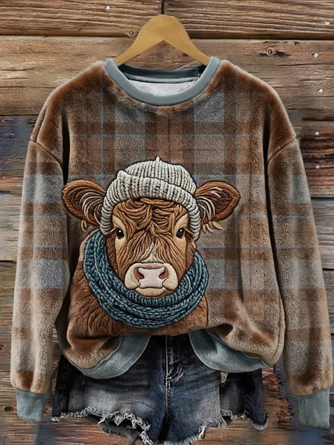 Women's Christmas Highland Denim Print Sweatshirt