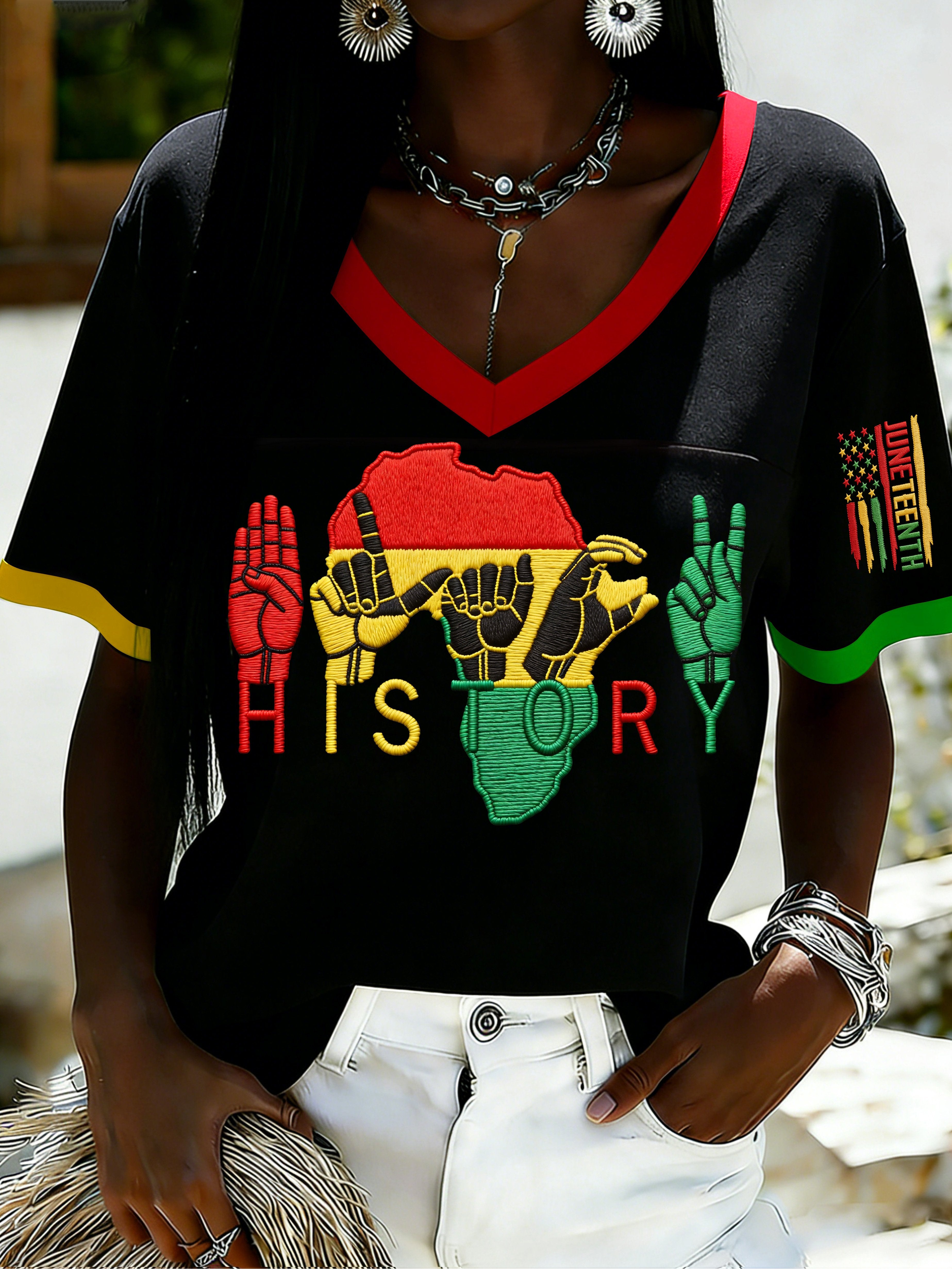 African American Women's Juneteenth Print V-Neck Top