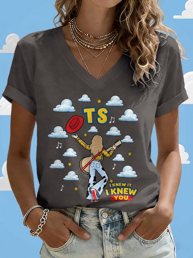 V-Neck Retro I Knew It Print T-Shirt