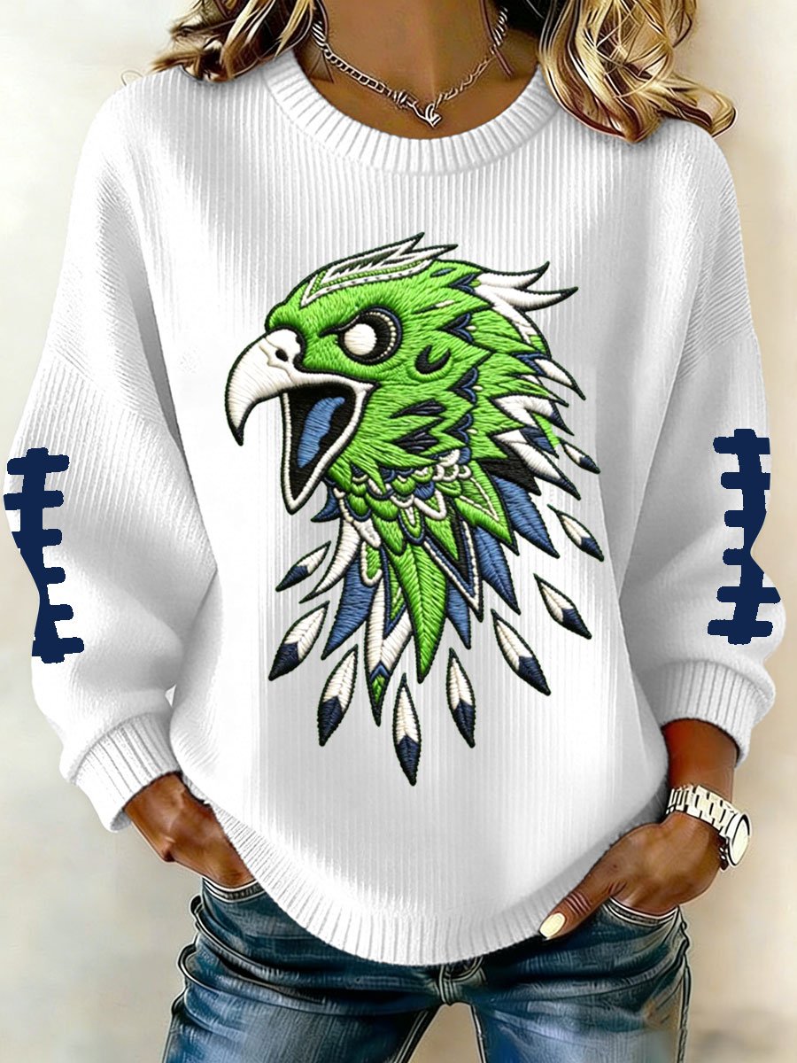 Women's Football Print Knit Crew Neck Long Sleeve Top
