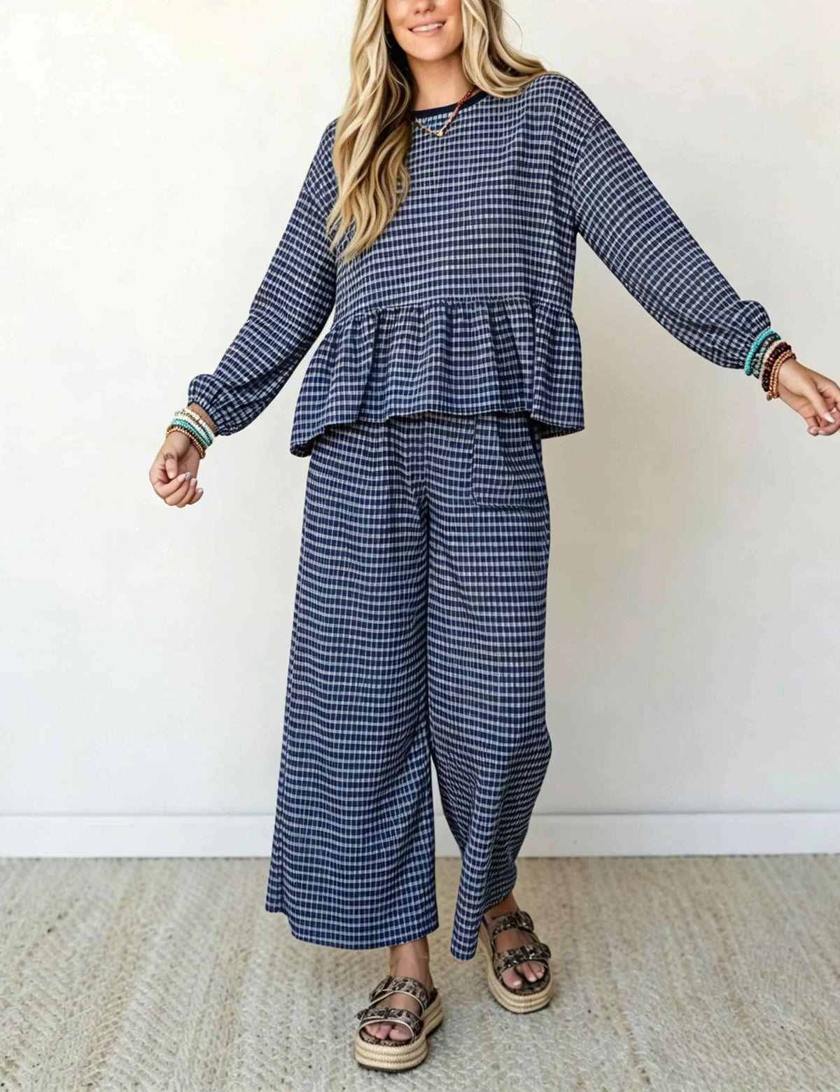 Women's Gingham Two Piece Set Peplum Top & Wide Leg Pants